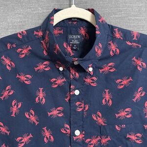J Crew Shirt M Flex Slim Washed Navy Blue Lobster Short Sleeve Nautical Preppy